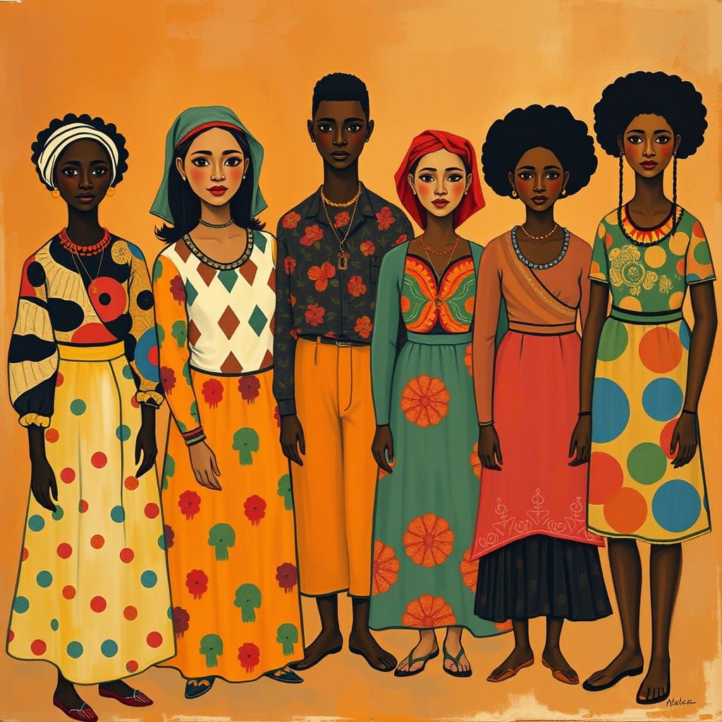 Joyful Multicultural Gathering in Earthy Folk Art Style