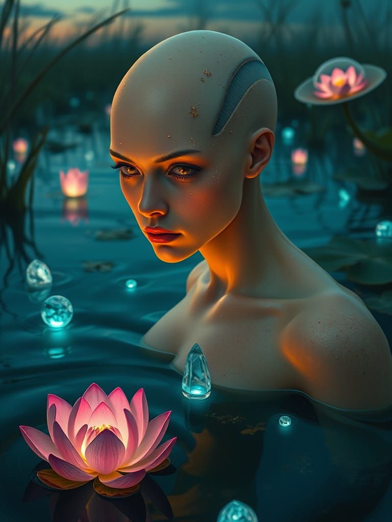 Ethereal Androgynous Figure in Bioluminescent Marsh