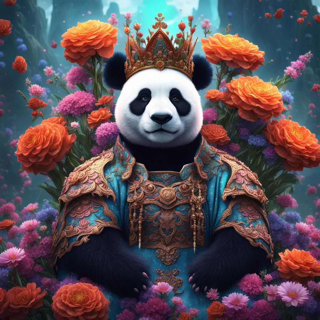 Panda Queen Made of Flowers in Detailed Painting