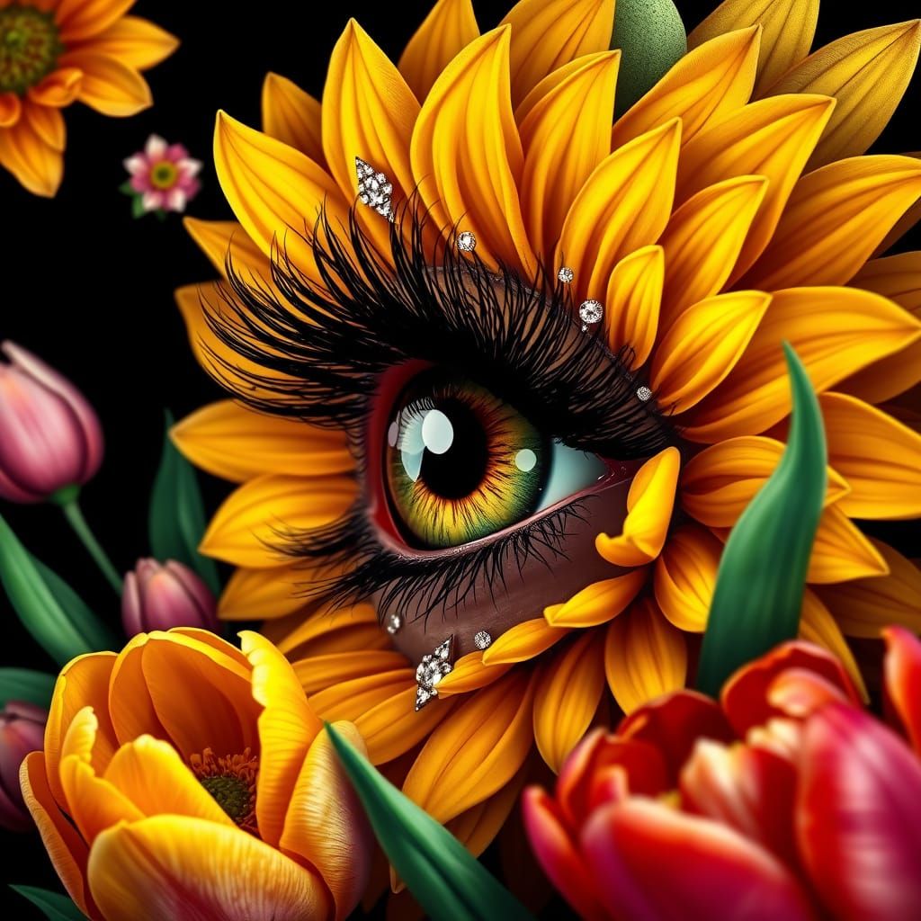 Sunflower Eye with Tulips in Art Deco Style