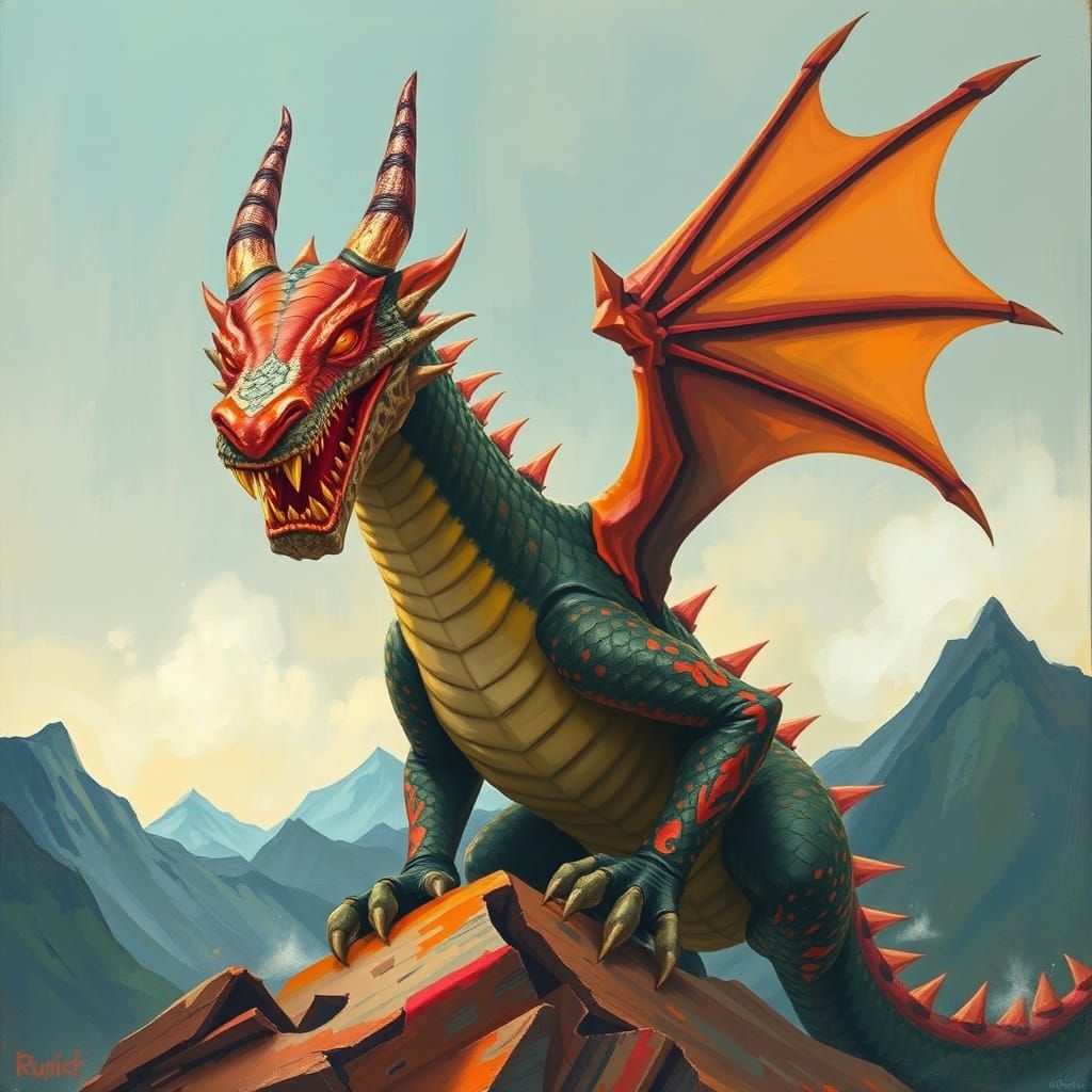 Spiky Dragon in Mystical Mountains, Expressive Painting