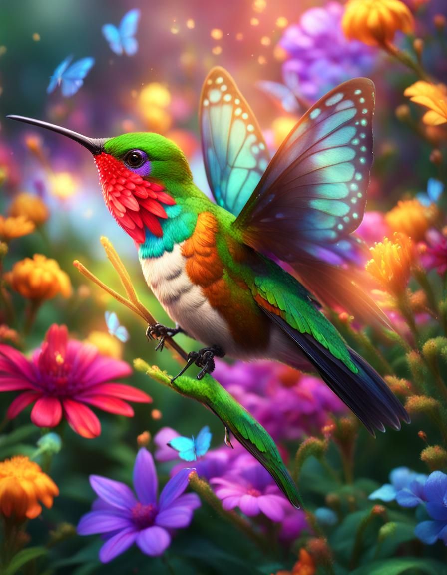 Hummingbird and Butterfly in Mystical Jungle