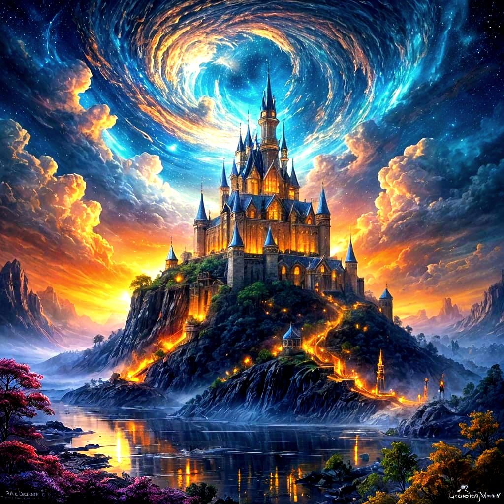 Ancient Castle on Swirling Nebula in Painterly Realism