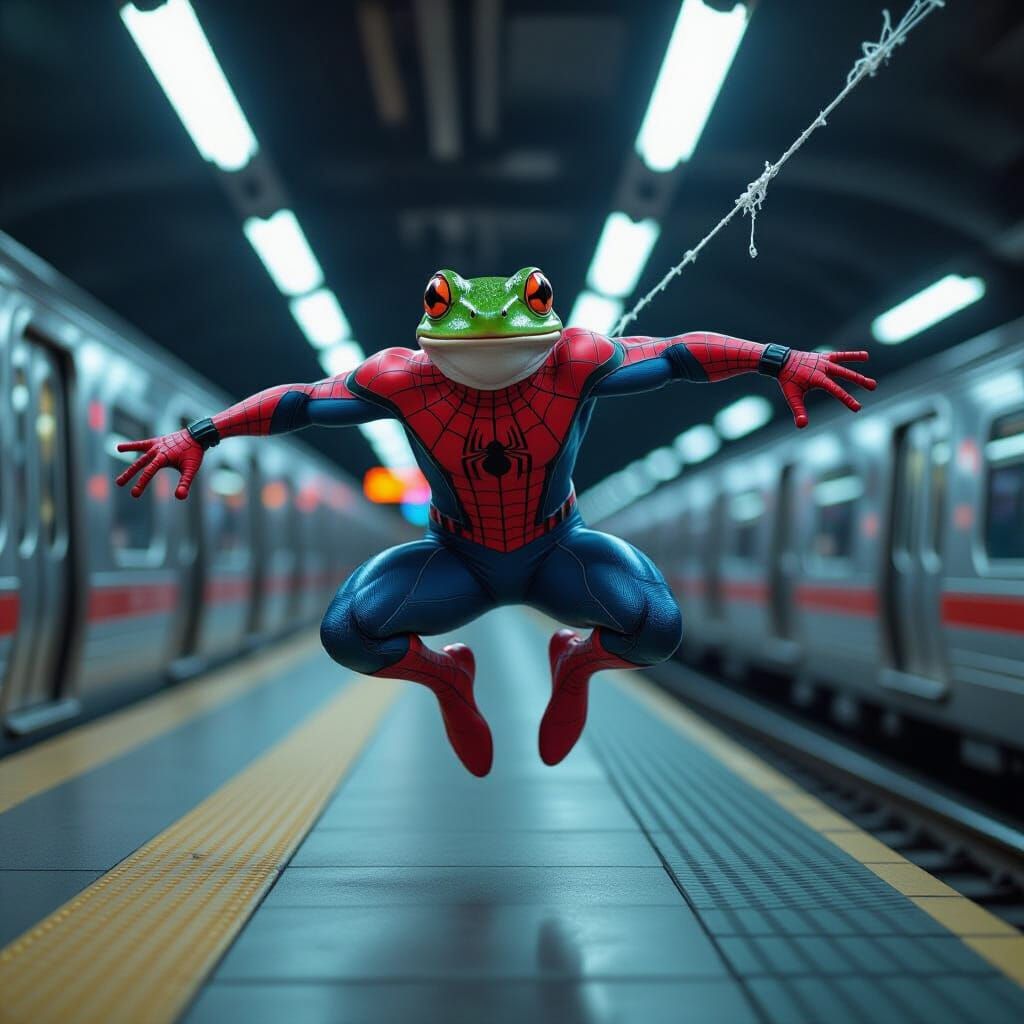 Spider-Frog Leaps: Subway Scene in Digital Art Style