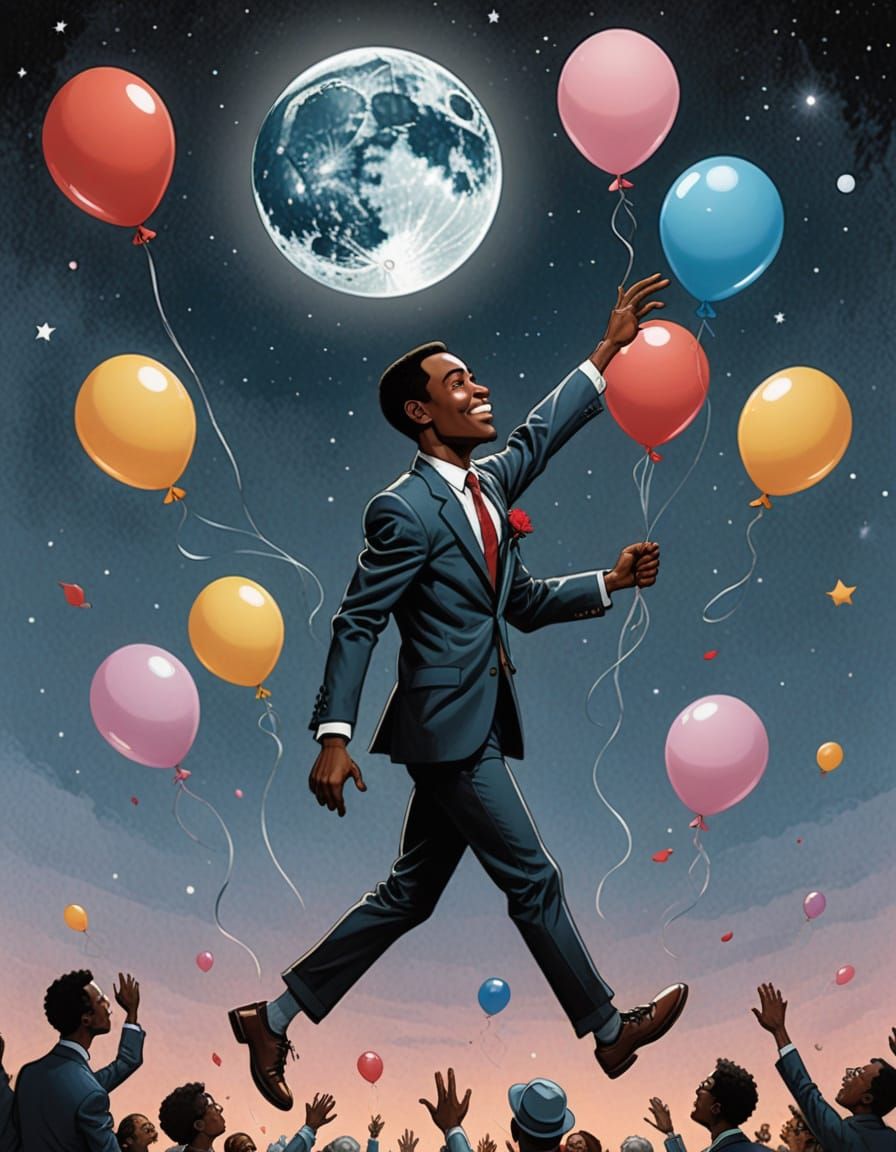 Cartoon Man Reaching for Rose Moon with Balloons