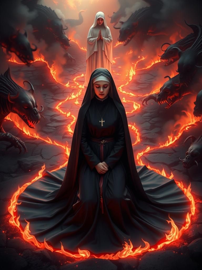Nun Praying in Fiery Hellscape, Hyperrealistic Digital Art