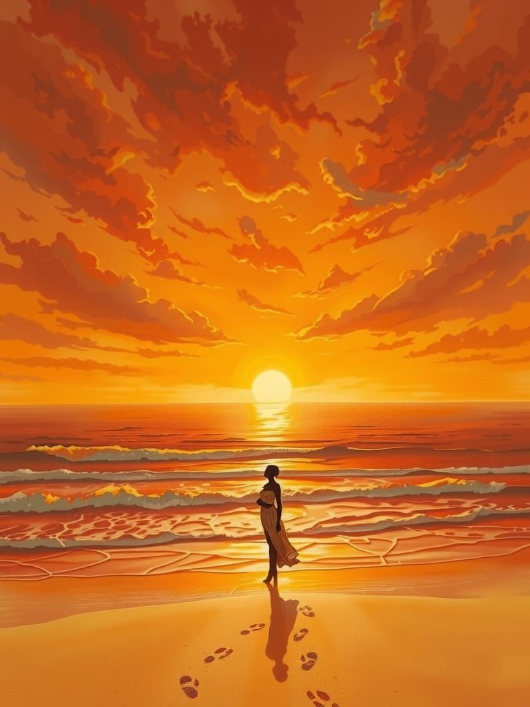 Golden Hour Beach Scene with Elegant Woman as Oil Painting