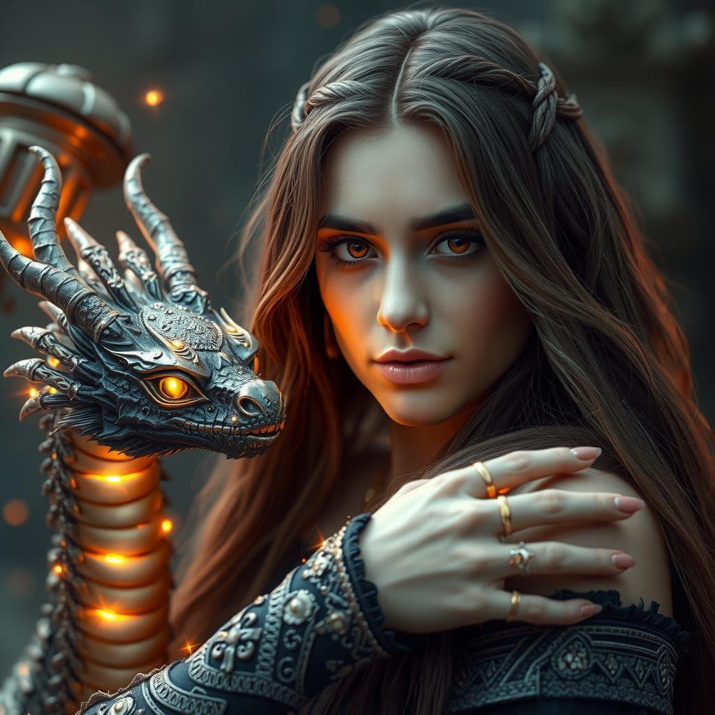 Sorceress with Energy Dragon in Ethereal Setting