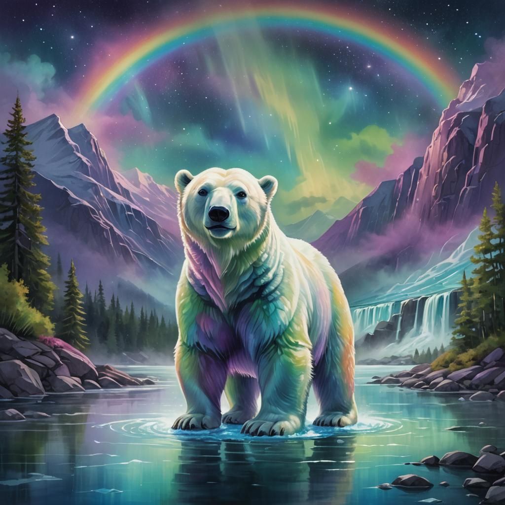 Rainbow Polar Bear Under the Northern Lights