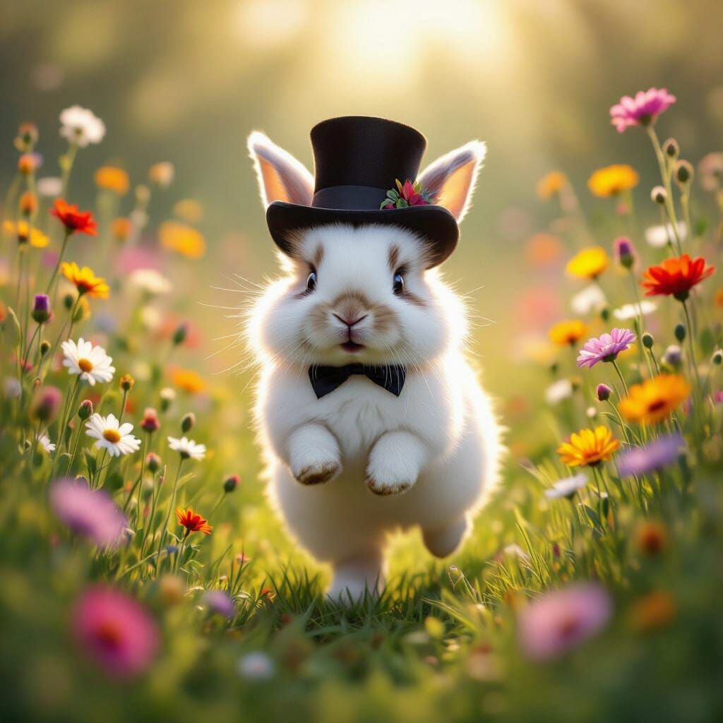 Bunny in Top Hat Hops Through Wildflower Meadow