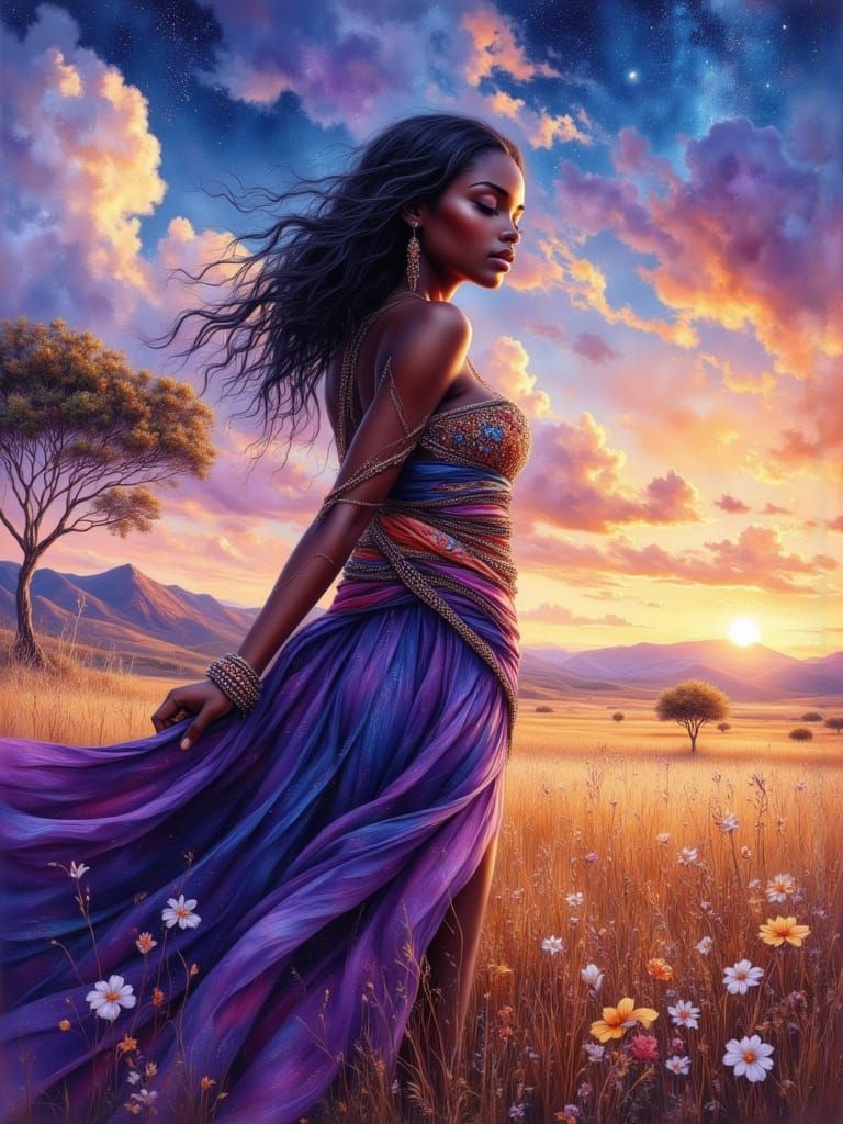 African Pin Up in Jewel-Toned Mystical Atmosphere