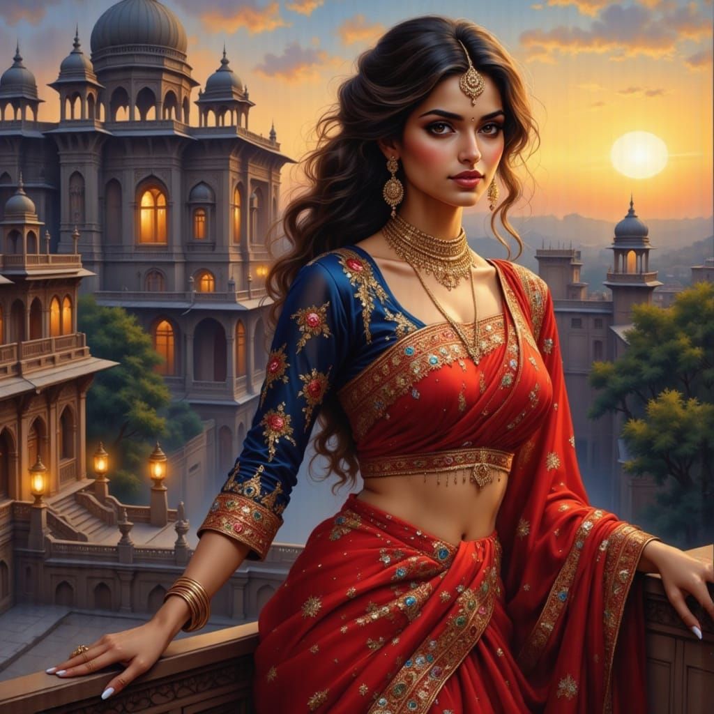 Regal Indian Woman in Silk Sari at Palace