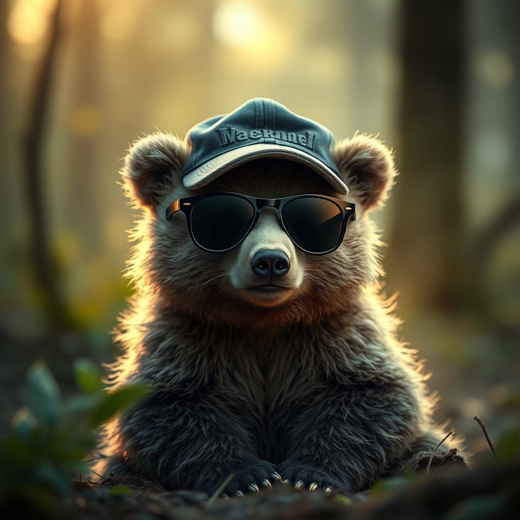 Cinematic Baby Bear in Moody Forest