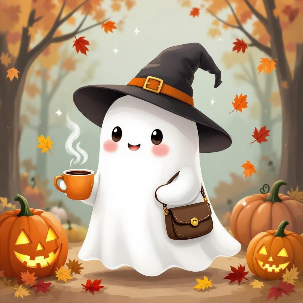 Friendly Ghost with Coffee and Purse for Halloween