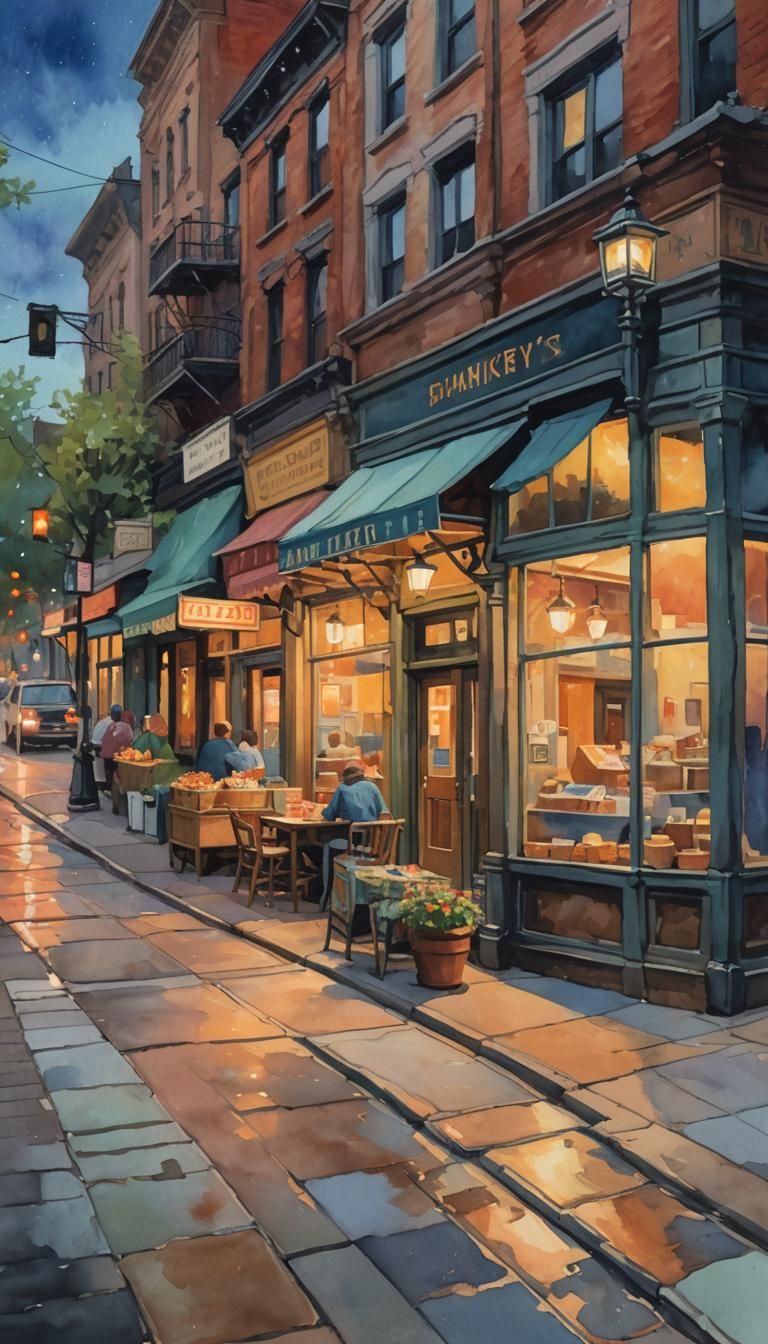 Main Street at Dusk in Gouache Watercolor Style