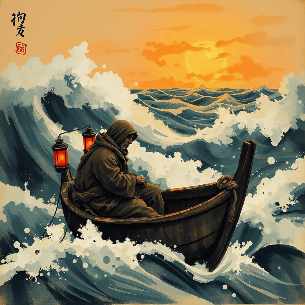 Turbulent Aegean Storm in Ink Wash Style