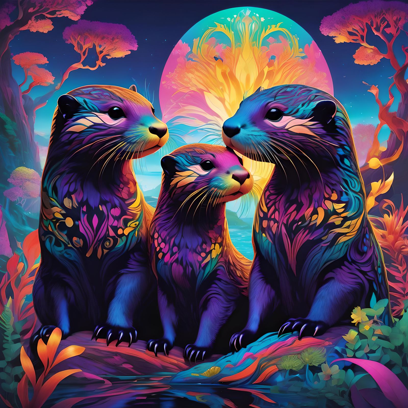 Psychedelic Fantasy Otters in 3D Anime Art