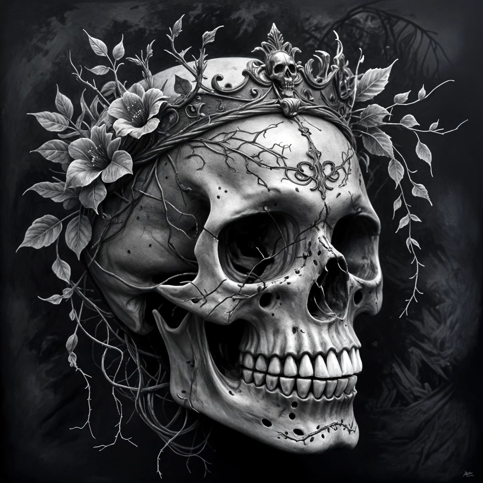 Regal Skull Charcoal Drawing in Moody Black and White