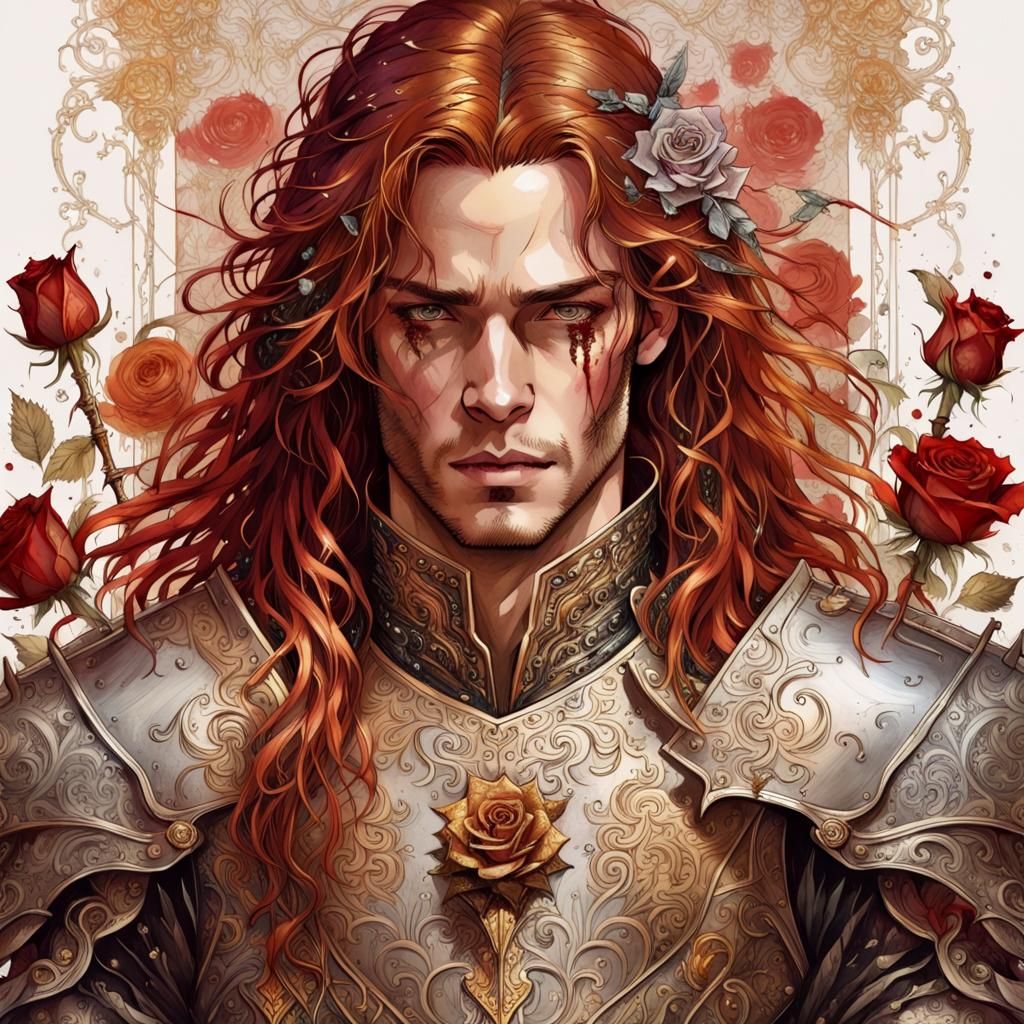 Crimson-Haired Prince with Enchanted Sword, in Gouache Style