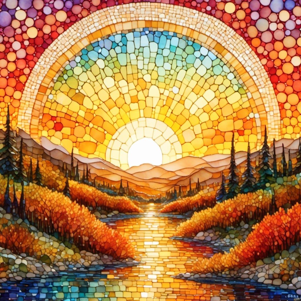 Radiant Mosaic Sunscape in Watercolour Style