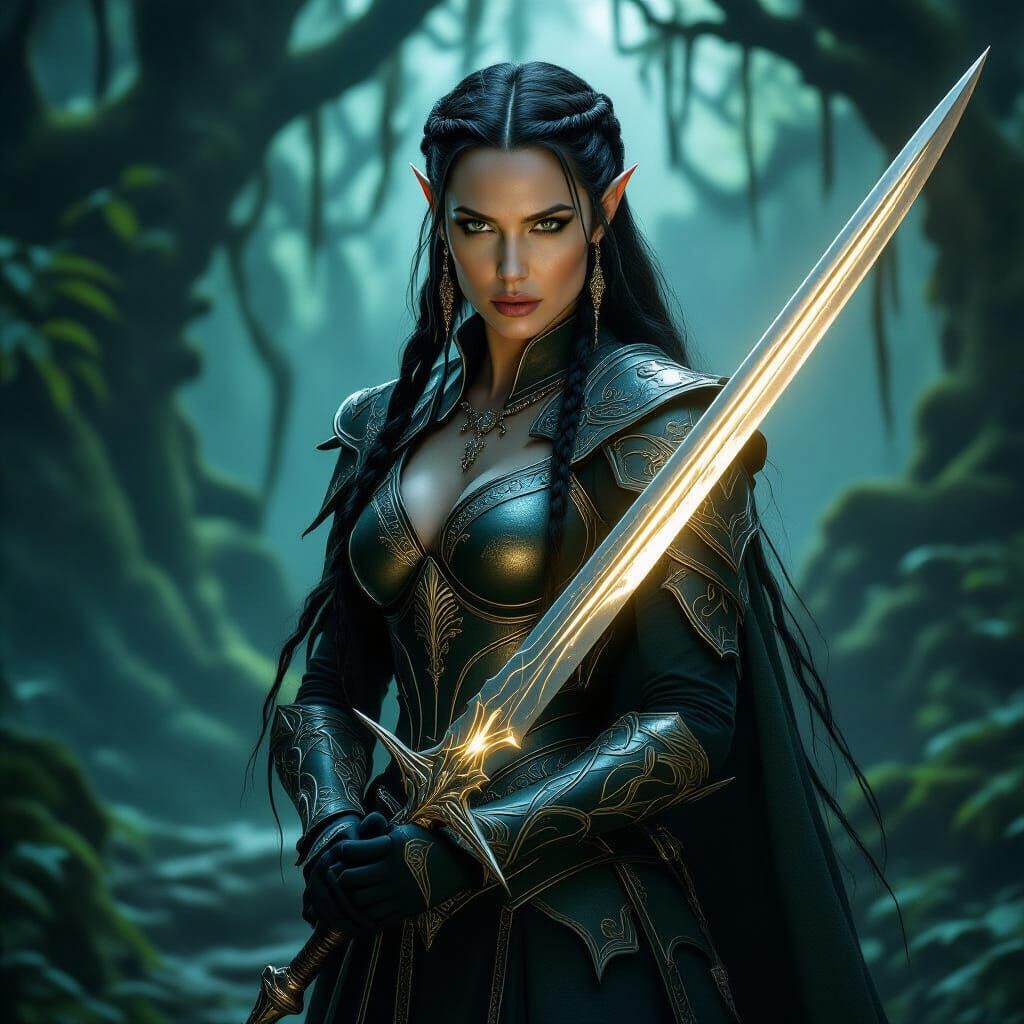 Elvish Warrior Angelina Jolie in Moonlight Forest