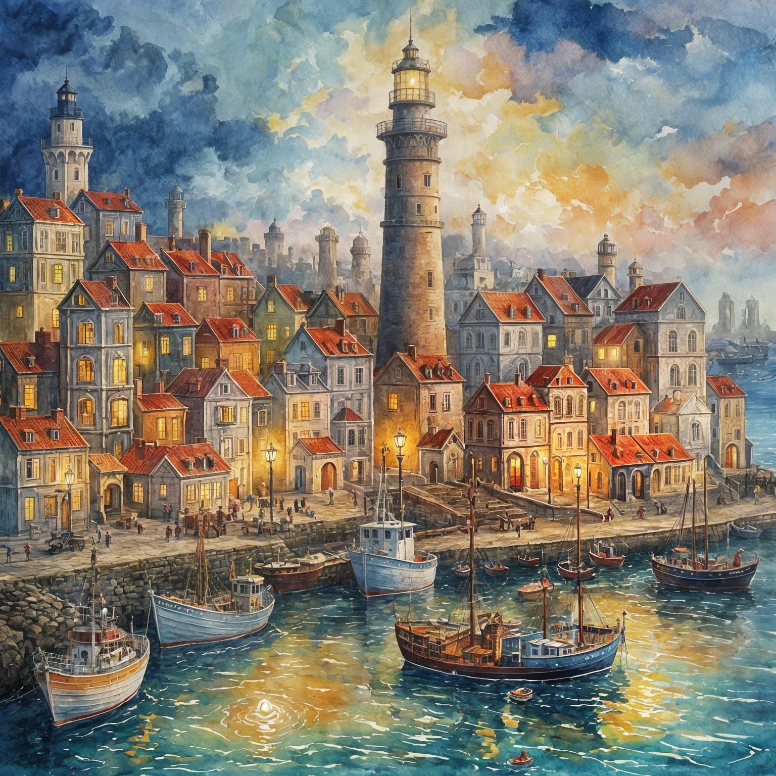 City Candlestick with Lighthouse in Gouache Style