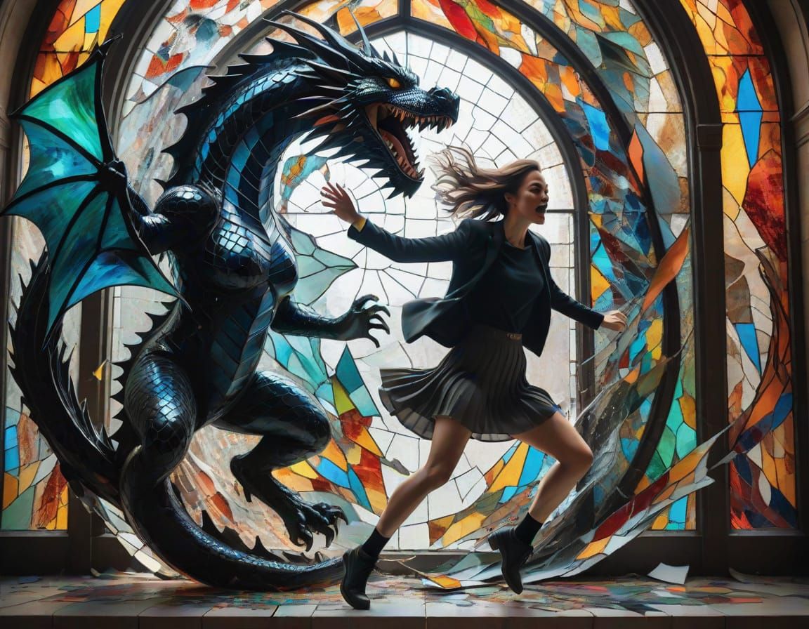 Young Woman Leaps from Dragon as Glass Shatters