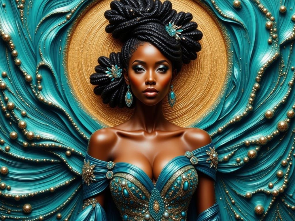 Elegant Black Woman in Flowing Turquoise Dress