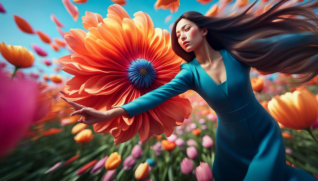 Woman Flying with Flower in a Spring Fairytale