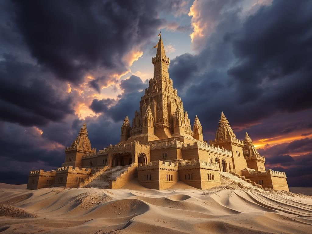 Surreal Sandcastle in Cubist Style with Eerie Light