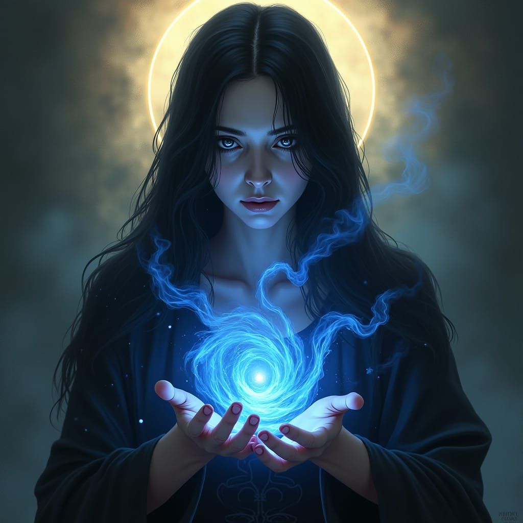 Enigmatic Sorceress Embracing Ancient Magic in Ethereal Real...