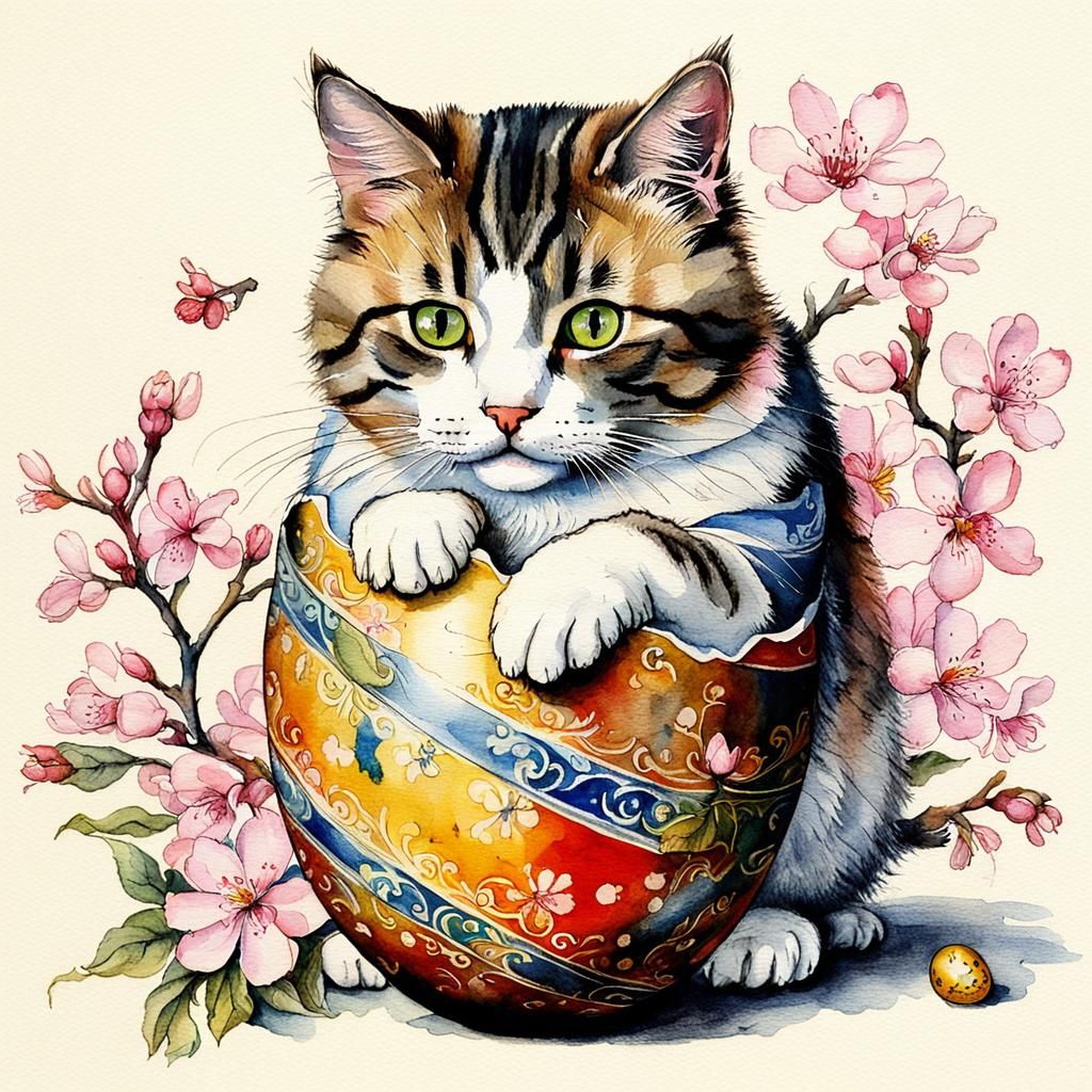 Cat Playing in Easter Egg, Watercolor Style
