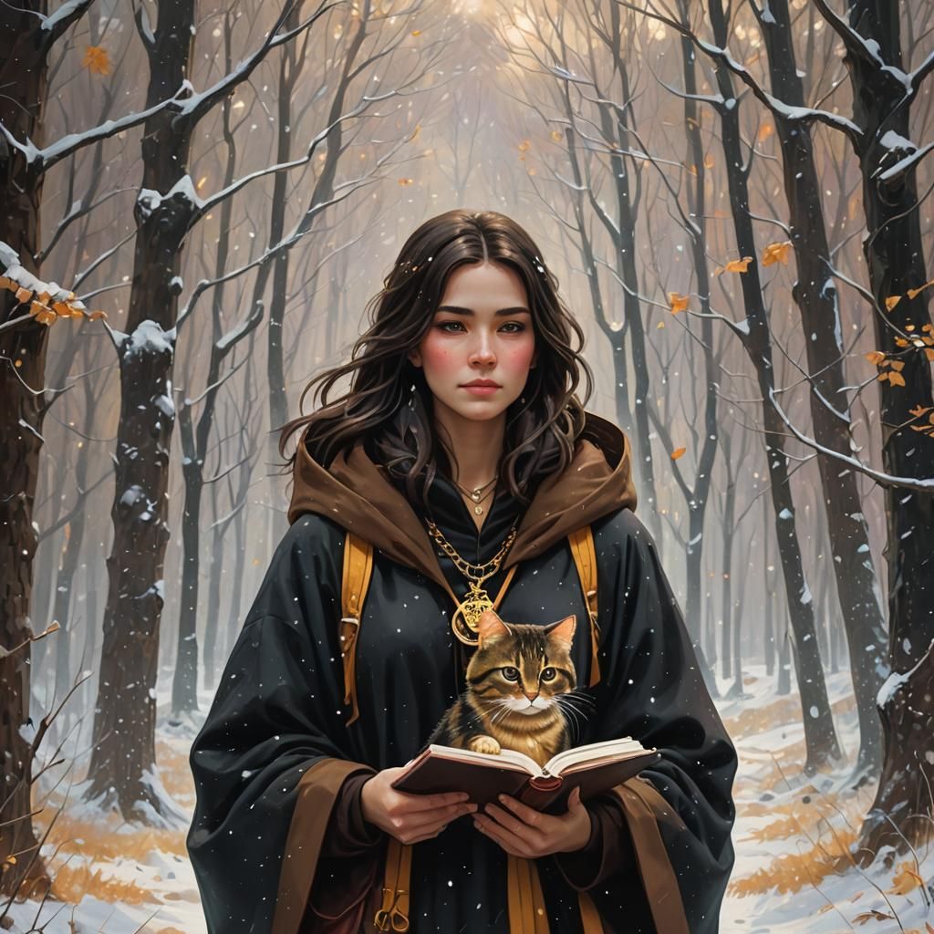 Girl with Cat in Snowy Forest, Vivid Oil Painting