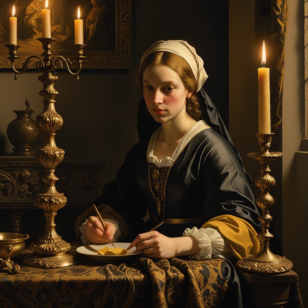 Golden Candle in Antique Candlestick with Soft, Warm Glow