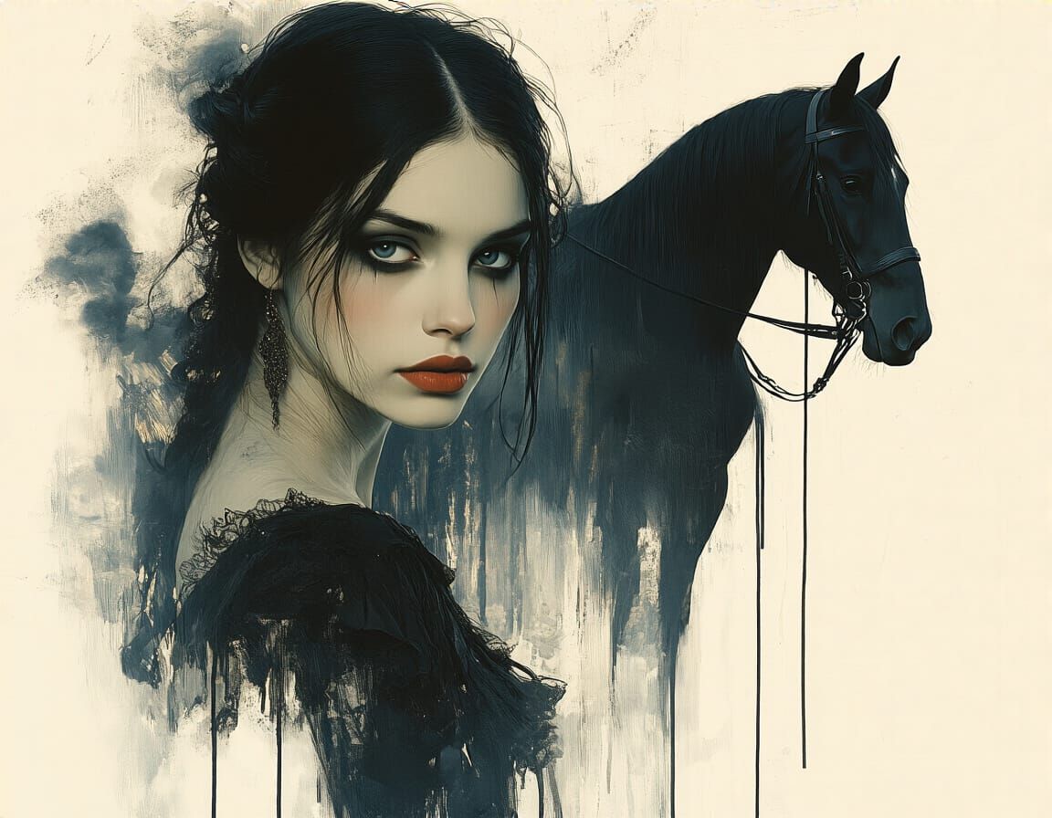 Woman with Horse: Oil and Ink Portrait