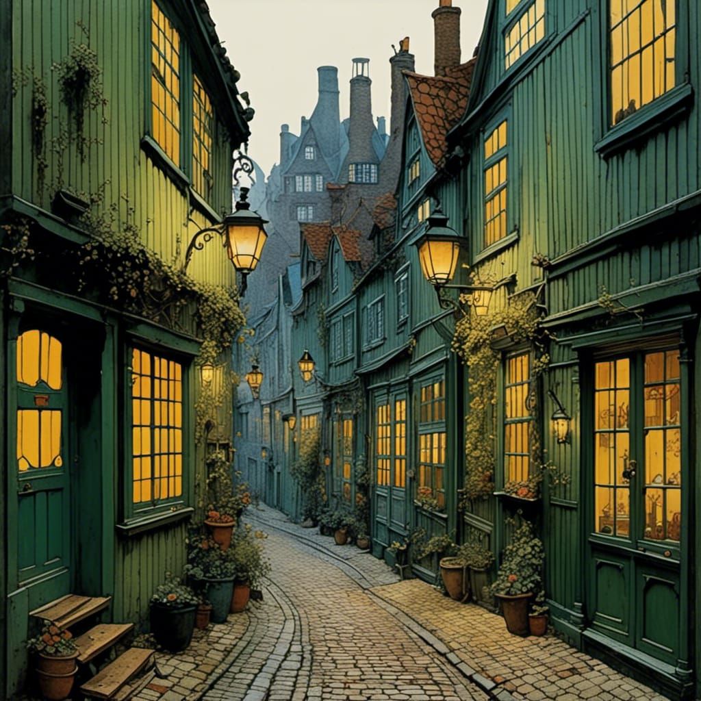 Danish Port Town Alley in Whimsical Watercolor Style