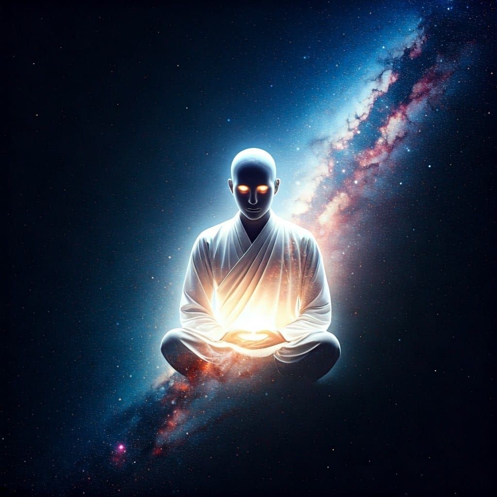 Ethereal Meditative Figure in Cosmic Landscape