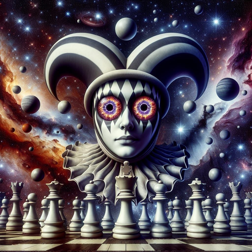 Chess-Themed Harlequin In Outer Space