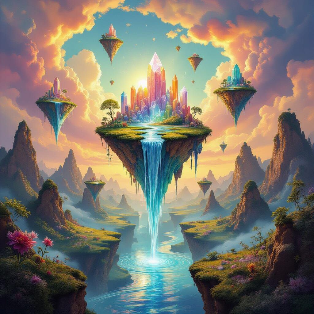 Surreal Landscape With Floating Islands and Crystalline Flor...