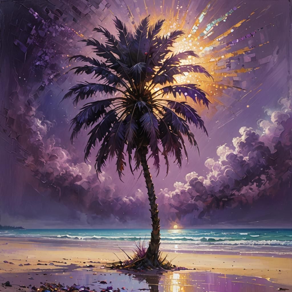 Iridescent Palm on a Purple and Gold Beach