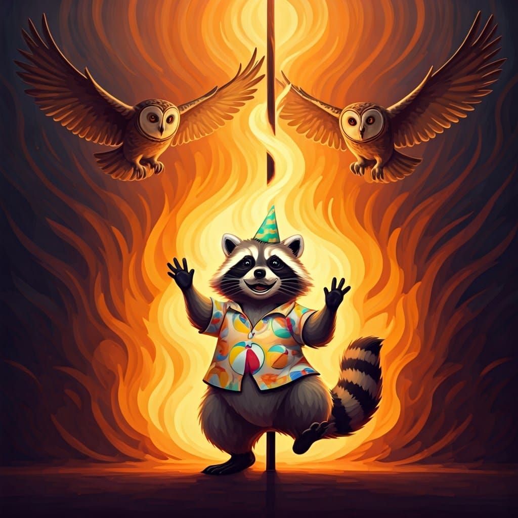 Raccoon Limbo Party with Flying Owls