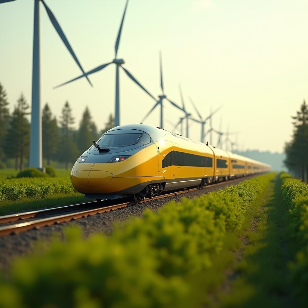 Futuristic Yellow Train Speeding Through Green Landscape