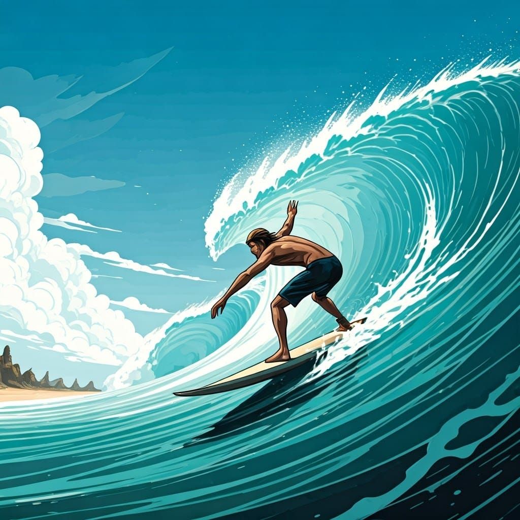 Surfer Chased by Great White Shark in Vibrant Comic Book Sty...