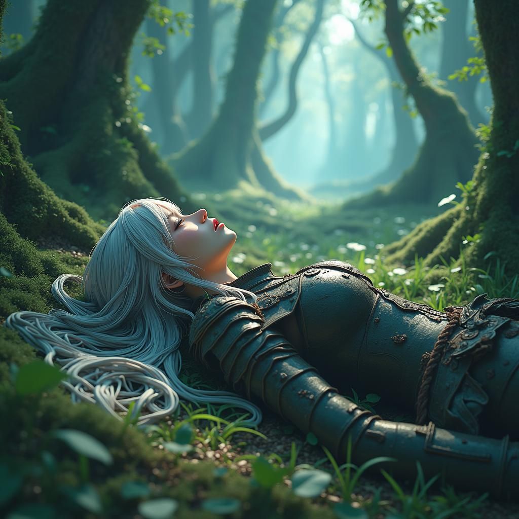 Fallen Warrior in Mystical Forest: 3D Anime Art
