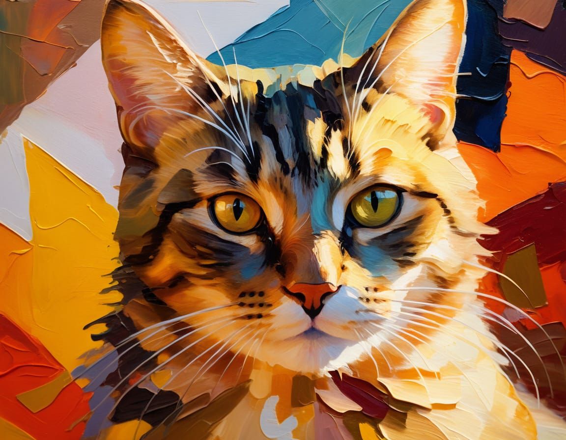Cat Portrait in Impasto Oil Painting with Abstract Shapes
