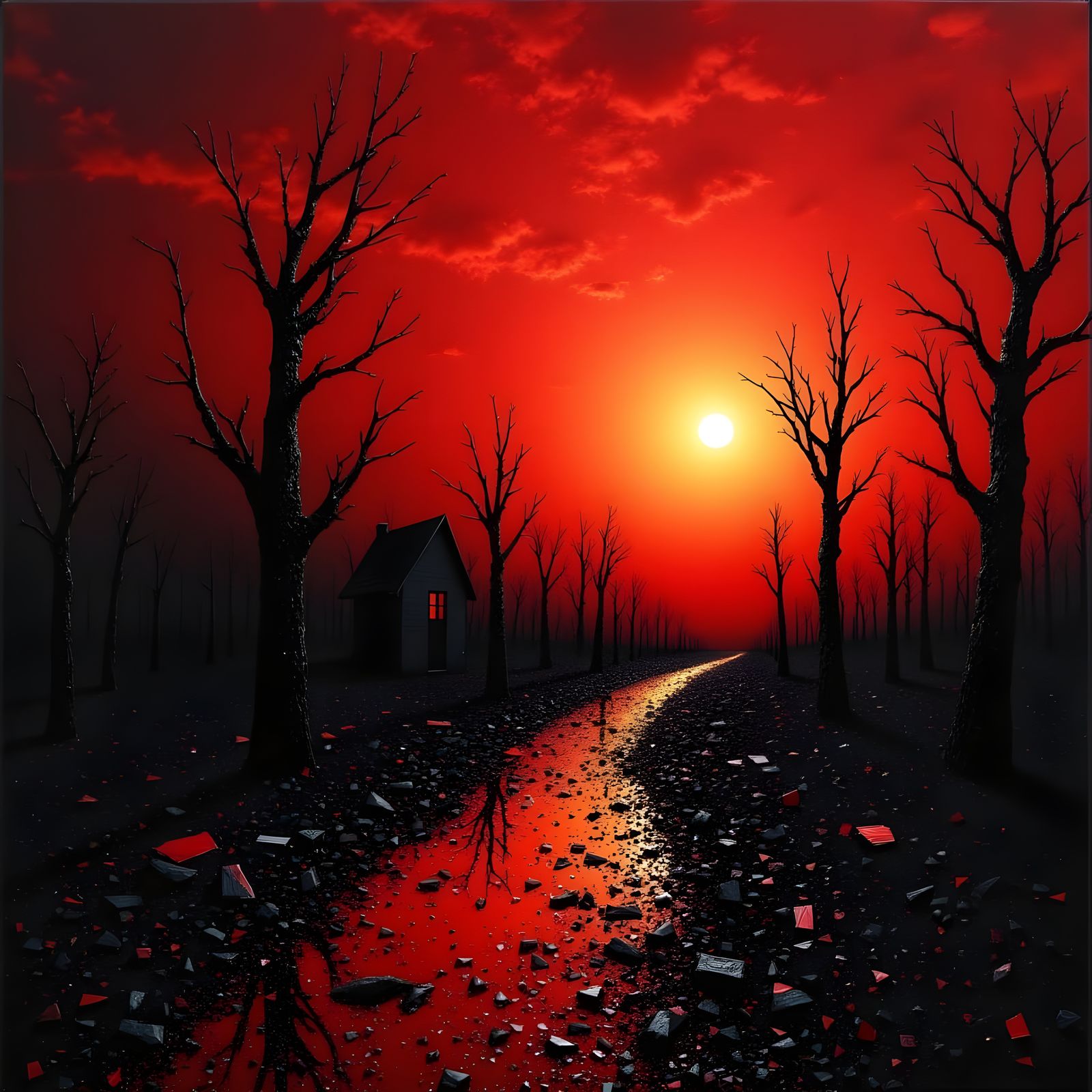 Cyberpunk Shadow Landscape in Deep Red and Black