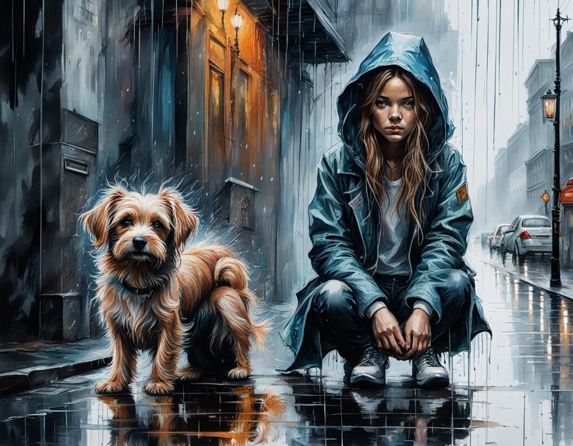 Girl and Dog in Rainy Street, Fantasy Art