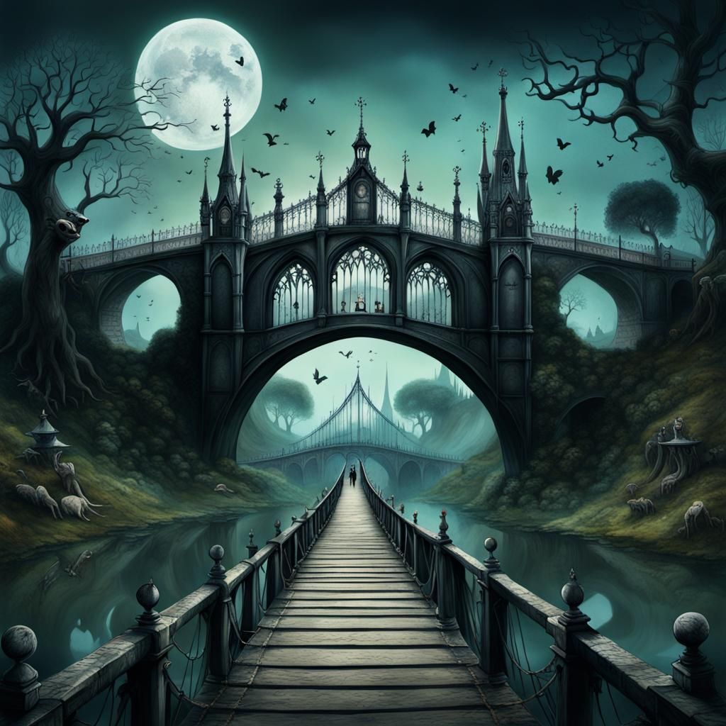 Bridge,Bosch ,Carrington, Boulet gothic art, digital art, digital illustration, 8K resolution, surrealism , Tim Burton
