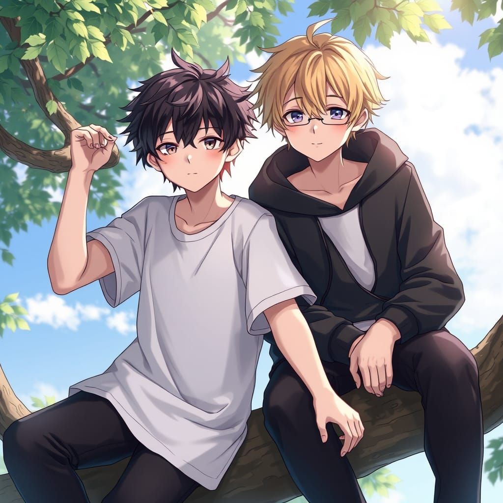 Two Boys on a Tree Branch in Anime Style