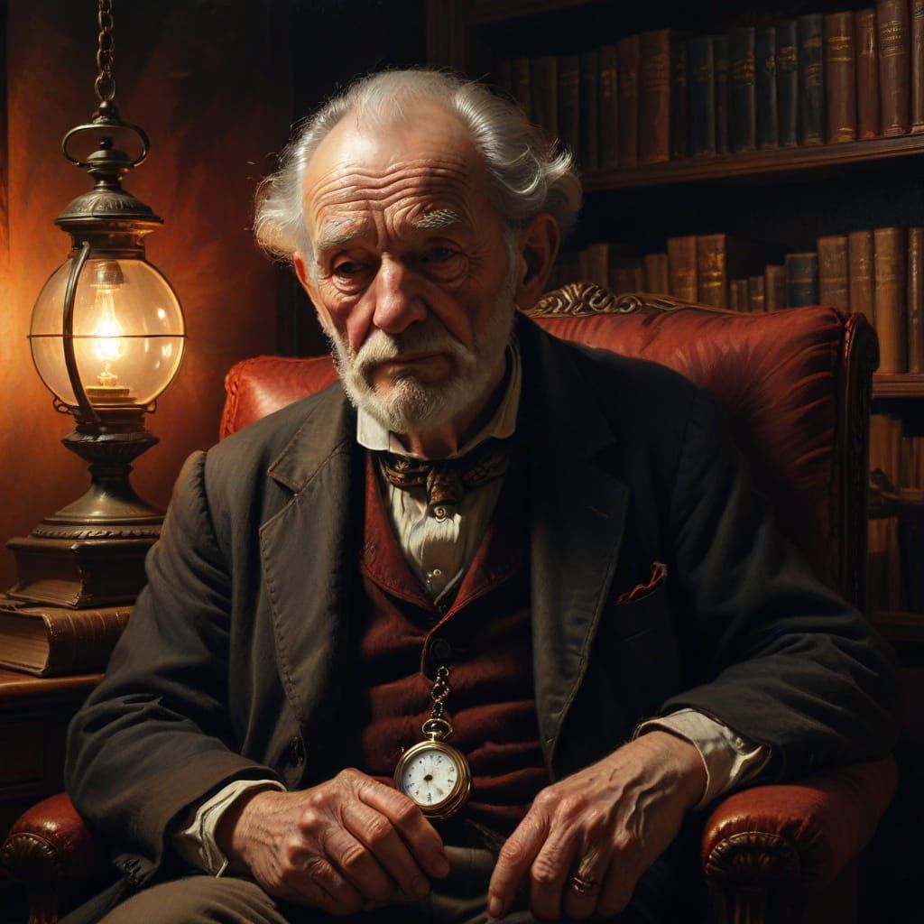 Old Man Contemplating Pocket Watch in Dark Academic Art